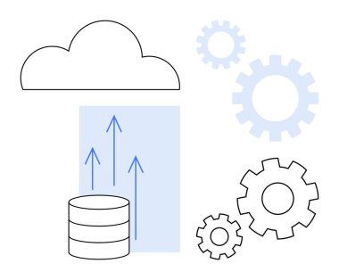 Bulut, veritabanı, veri transferini simgeleyen oklar, iş akışını, otomasyonu, sistem entegrasyonunu sembolize eden vitesler. Teknoloji, bulut depolama, veri aktarım süreci yönetim yeniliği için ideal