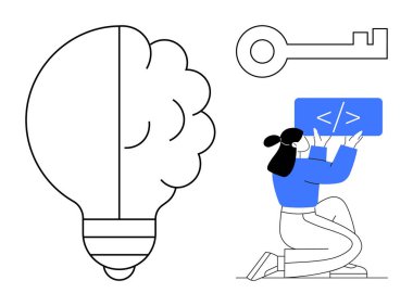 Ampul, anahtar ve kadın kodlama yenilikleri, problem çözme ve kilit açma fırsatları. Teknoloji, yaratıcılık, eğitim, yazılım geliştirme fikri iş stratejisi için ideal