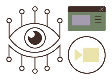 Göz düğümlerle, daire içinde video oynatma düğmesiyle ve tarayıcı pencere kutusuyla bağlandı. Yapay zeka, teknoloji, medya, izleme, video yayını, dijital görüş için ideal basit düz metafor