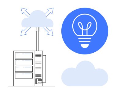 Genişleyen oklarla sunucuya bağlanan bulut, yenilikler için üst üste binen ampul sembolü, veri paylaşımı. Teknoloji, bilişim, yenilik, ağ, bulut hesaplama, basit bağlantı sayfası için ideal