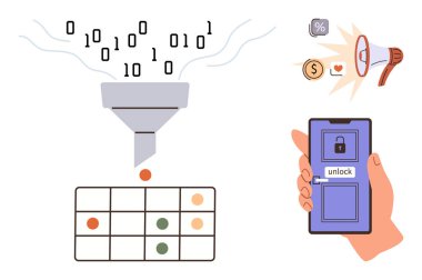 Binary data flows into a filter, converting into actionable results in a grid. Nearby, a smartphone displays unlocking progress, alongside marketing icons for offers, analytics, and money. Ideal clipart svg vector 