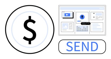 Dolar işareti, grafik ve simgeleri gösteren web arayüzü ve çevrimiçi işlemler için bir Gönder düğmesi. Ödeme, finans, teknoloji, e-ticaret, çevrimiçi iş, veri görselleştirme için ideal basit bir daire