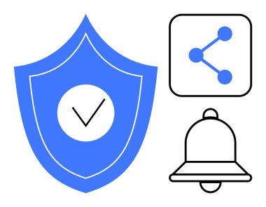 İşaretli mavi kalkan, bildirim çanı ve ağ bağlantısı. Güvenlik, bildirimler, paylaşım, bağlantı, uygulama arayüzleri, iletişim sade iniş sayfası için ideal