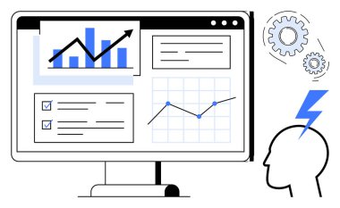 Çubuk ve çizgi çizelgeleriyle monitör, parçacıkları rapor et, kontrol listesi, vites, yıldırımlı profil. Veri analizi, verimlilik, beyin fırtınası, iş planlama yenilik stratejisi için ideal
