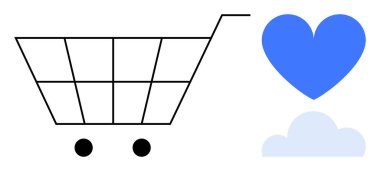 Siyah alışveriş arabası, mavi kalp ve bulut. E-ticaret, bulut depolama, müşteri hizmetleri, perakende yenilik, dijital dönüşüm, online alışveriş sade iniş sayfası için ideal