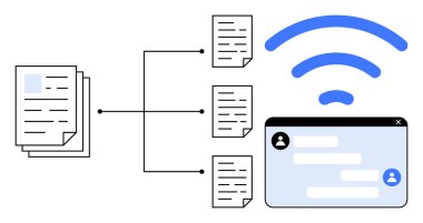 Küçük dosyalara ve dijital arayüze bağlanan belge yığını. Kablosuz dalgalar kusursuz ağ iletişimini ima eder. Veri yönetimi, işbirliği, bulut çözümleri ve uzak çalışma için ideal