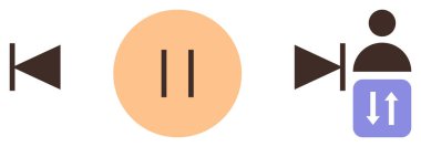 Oynat, durdur, simgeleri insan avatarıyla geri sar ve ayarlanabilir ayarlar paneliyle. Ortam kontrolü, oyuncu navigasyonu, kullanıcı ayarları, kişiselleştirme, teknoloji, etkileşimli basit düz metafor