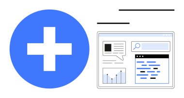 Sohbet kutusu, arama çubuğu, grafik ve içerik blokları içeren bir dijital arayüzün yanında mavi artı sembol. Teknoloji, veri analizi, sağlık hizmetleri, UIUX tasarımı, takım çalışması araştırması için ideal