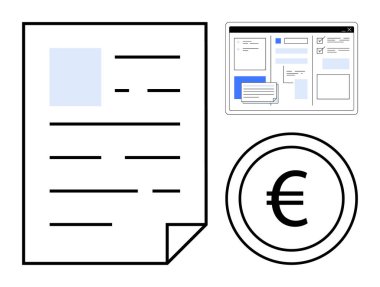 Metin ve ana hatlarıyla doküman, dosya paylaşımı veya düzenleme için web arayüzü ve avro para birimi simgesi. Finans, veri yönetimi, çevrimiçi araçlar, iş, işbirliği, ticaret için ideal