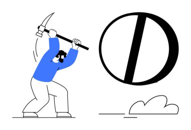 Karakter dev bir engeli aşmak için kazma kullanır, engelleri aşmayı, inadı, sıkı çalışmayı, problem çözmeyi, esnekliği, ilerlemeyi ve kararlılığı sembolize eder. Basit bir düz metafor için ideal.