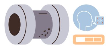 Artırılmış mikrofon, ses analiz simgesi ve ses analiz çubuğu. Basit bir ses teknolojisi, akıllı aygıtlar, makine öğrenimi, iletişim, otomasyon, ses mühendisliği analizleri için idealdir.