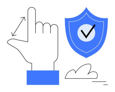 El hareketi, güvenlik kalkanının yanında işaretli bir kayma hareketi olduğunu gösteriyor. Gizlilik, koruma, kimlik doğrulama, uygulama etkileşimi, kullanıcı arayüzleri, mobil jestler, basit iniş sayfası için ideal