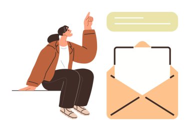 Üzerinde metin olan yüzen bir mesaj baloncuğu olan açık bir zarfın yanında oturan ve işaret eden kadın. İletişim, e-posta, mesaj, bildirim, konuşma, etkileşim için ideal