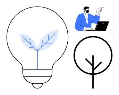 Ampul konut ağacı çevre dostu fikirleri sembolize ediyor. Yeniliği vurgulayan minimalist ağaç simgesi ve iş adamı. Sürdürülebilirlik, ekoloji, büyüme, iş stratejisi ve yenilenebilir enerji için ideal