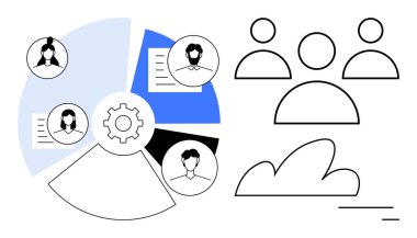 Bir pasta grafiği, bulut grafiği ve grup simgelerine bağlı dişliler ve profiller. Takım çalışması, işbirliği, veri paylaşımı, kullanıcı ağı, dijital entegrasyon, bulut hizmetleri basit iniş sayfası için ideal