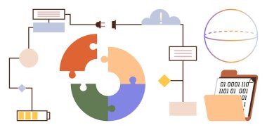 Dairesel bulmaca çizelgesi, ikili dosya klasörü, pil, bulut bağlantısı ve işlem çizgileri. Teknoloji, veri sistemleri, süreç akışı, bağlantı yeniliği problem çözümü için ideal