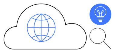 Küre sembollü bulut ana hatları, fikirler için ampul arama ve keşif için büyüteç. Teknoloji, yenilik, küresel ağ, bulut hesaplama, veri analizi, araştırma için ideal