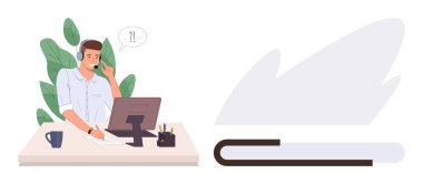 Kulaklık takan bir adam masada monitör, kahve fincanı ve kırtasiyeyle sohbet ediyor. Takım çalışması, sanal iletişim, iş desteği, müşteri hizmetleri, çevrimiçi iş, teknoloji için ideal