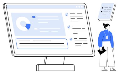 Bir profesyonel bir pano tutarken, masaüstü ekranı çizelgeleri, görevleri ve işaretleri gösterir. Analiz, üretkenlik, iş akışı, görev örgütü, iş stratejisi karar verme mekanizması için ideal