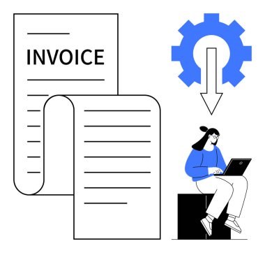 Fatura belgesi, indirme oku, dizüstü bilgisayar kullanan kadın. Otomasyon, fatura, finans, iş, verimlilik iş akışı dijital teknoloji için idealdir. Basit düz metafor