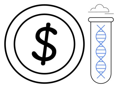 İçinde DNA ipliği olan test tüpünün yanında dolar işareti de var. Genetik, biyoteknoloji finansmanı, yatırım, bilim girişimciliği, yenilik, araştırma, finansal büyüme için ideal