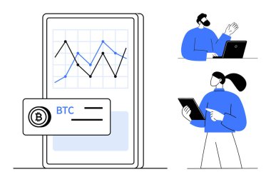 Bitcoin grafiği ve verisi olan akıllı telefon, dizüstü bilgisayar kullanan adam, tabletli kadın trendleri tartışıyor. Kripto para birimi, finans, teknoloji, takım çalışması, veri analizi, basit dijital çözümler için ideal