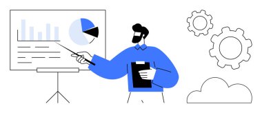 Businessperson elinde bir pano, grafikle grafikleri gösteriyor. Vites, bulut, sunum, analitik, beyin fırtınası, planlama ve strateji. Takım çalışması için ideal.