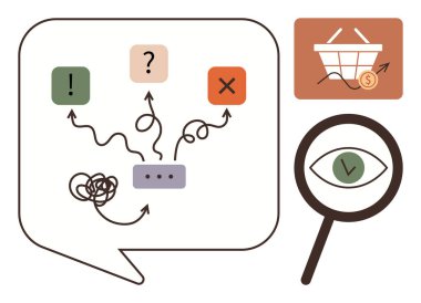 Karar yolları olan konuşma balonu, karışık problem çözme cümleleri, alışveriş sepeti, büyüteç ve semboller. Analiz, e-ticaret, strateji, iletişim karar verme süreci için ideal