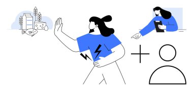 Süt ürünleri ve glüten kullanmadan karnını tutan bir kadın, yemeği reddeden bir el hareketi. Diyet yönetimi, sağlık farkındalığı, gıda hoşgörüsüzlüğü, sürdürülebilir yaşam tarzı. Sağlık blogları için ideal