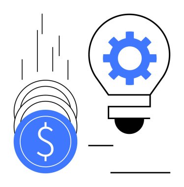 Bozuk paraların dişli mavi ampul olarak düşmesi parasal yatırımı, finansal başarıyı ve yeniliği sembolize eder. İş için ideal, başlangıç, yaratıcılık, teknoloji, ilerleme, strateji basit düz