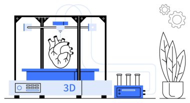 3D yazıcı, bilimsel aletler, dişliler ve dekoratif saksı bitkileriyle çevrili bir insan kalbi modeli üretiyor. Sağlık hizmetleri yeniliği, tıbbi teknoloji, biyobasım ve bilim için ideal