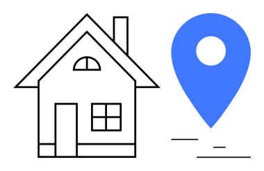 Kalın mavi konum işaretinin yanında minimalist bir ev çizgisi var. Gayrimenkul, kiralık mülk, navigasyon, ev araması, adres işaretleme, konut işi, basit iniş sayfası için ideal