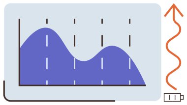 Veri eğilimlerini, dikey kene işaretlerini, yukarı doğru kırmızı enerji akış çizgisini ve akü simgesini gösteren dalgalı bir grafik. Enerji analizi, kaynak yönetimi, eğilim izleme, sürdürülebilirlik ve güç için ideal