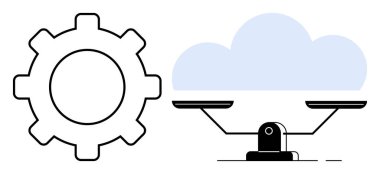 Dişliler mekanizasyonu sembolize eder ve bulut denge ölçeğinde dijital çözümleri temsil eder. Teknoloji, yenilik, denge, karar verme, karşıtlık, ilerleme ve verimlilik için ideal. Basit.