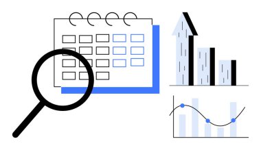 Çizelgeyle takvim üzerinde büyüteç, yukarı bakan ok ve çizgi grafiği. Veri analizi, zamanlama, planlama, büyüme, iş stratejisi, ilerleme takibi ve basit iniş için ideal