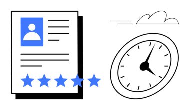 Beş mavi yıldızla çevrili zaman yönetimi ve verimliliği vurgulayan saatin yanındaki profesyonel özgeçmiş. Kariyer, performans, verimlilik, verimlilik, işe alım, hedefler için ideal başarı. Asgari