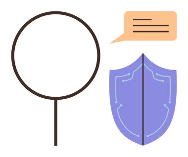 Büyüteç denetlemeleri, devre çizgileri olan mor kalkan siber güvenliği simgeler, turuncu konuşma balonu iletişimi simgeler. Soruşturma için ideal, şeffaflık, koruma, analiz, veri