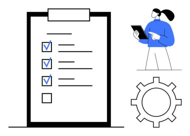 Tablet tutan ve görevleri gözden geçiren bir kadın kontrol işaretli büyük bir liste ve vites simgesi. Organizasyon, üretkenlik, yönetim, takım çalışması, iş planlaması, basit iniş takibi için ideal
