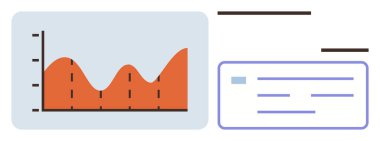 Veri eğilimlerini temsil eden turuncu tepeli çizgi çizelgesi, içgörü için üstüste eklenmiş etiketler, minimal gereç düzeni. Veri analizi, ilerleme izleme, rapor arayüzleri, finans ve iş büyümesi için ideal