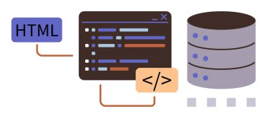 Kodlama ortamı ve veritabanına bağlı HTML süreci. Veri yapısı, programlama kavramı, teknoloji, web gelişimi, yazılım tasarımı, veritabanı yönetimi için ideal, basit düz metafor