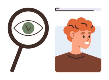 Gözü gören bir büyüteç, gülümseyen birinin profili ve yükleme çubuğu. Analiz, odaklanma, gözlem, kimlik, keşif dikkat görme kavramları için idealdir. Basit düz metafor