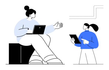 Tartışan iki kişi, biri dizüstü bilgisayarla oturmuş, diğeri tabletle ayakta duruyor. Takım çalışması için ideal, işbirliği, iletişim, teknoloji, uzaktan çalışma, eğitim sade iniş