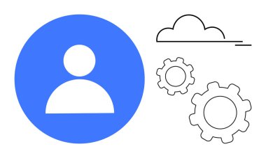 Mavi çemberdeki kullanıcı profili sembolü bulut çizgisi ve üç vites elementi ile birlikte. Teknoloji, kullanıcı yönetimi, bulut hesaplama, sistem kurulumu, veri entegrasyonu, süreç optimizasyonu için ideal