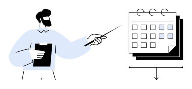 Pano tutan adam, işaretli tarihlerle takvimi açıklamak için işaretleyici kullanıyor. Program, planlama, zaman yönetimi, verimlilik, organizasyon, işyeri eğitimi için ideal. Basit düz metafor