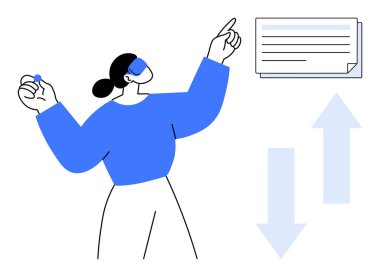 Belge ve oklarla meşgul olan kadın yukarı-aşağı hareketi, analizi, karar vermeyi veya büyümeyi sembolize ediyor. İş, strateji, planlama, araştırma, analitik eğitim için ideal