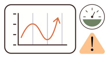 Yukarı doğru eğilimli çizgi grafiği, hız göstergesi ve ilerlemeyi izlemek, performansı ölçmek ve riskleri vurgulamak için dikkat üçgeni. Ticari büyüme, verimlilik, yönetim, strateji için ideal