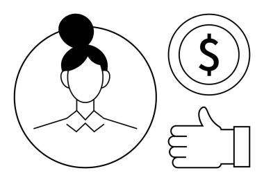 Çemberdeki kadın profil portresi, dolar simgesi ve baş parmak hareketi finans, onay, takım çalışması, güven, tanınma, kişisel kimlik ve başarıyı temsil eder. Basit bir iniş sayfası için ideal