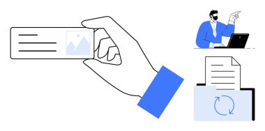 El ele tutuşan kimlik kartı, dizüstü bilgisayarda el kol hareketi yapan adam ve belge senkronizasyonu, kimlik, ofis görevleri ve veri senkronizasyonunu vurguluyor. Kimlik, iş akışı, verimlilik, takım çalışması dosya yönetimi için ideal
