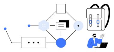 Yapılandırılmış bir iş akışını vurgulayan geometrik şekilleri, dosyaları ve düğümleri bağlayan diyagram. Bir dizüstü bilgisayar kullanıcısı figürü ve bir sırt çantası içeriyor. Öğrenim, organizasyon, eğitim ve planlama için ideal