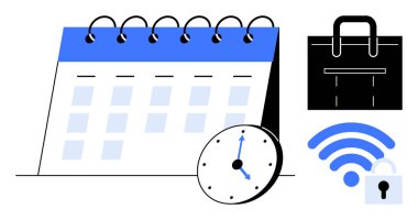 Saati, evrak çantasını ve güvenli kablosuz ikonu olan takvim sayfası, zaman yönetimini, üretkenliği, iş planlamasını, iş güvenliğini, uzaktan çalışmayı, çevrimiçi güvenliği ve organizasyonu simgeliyor.